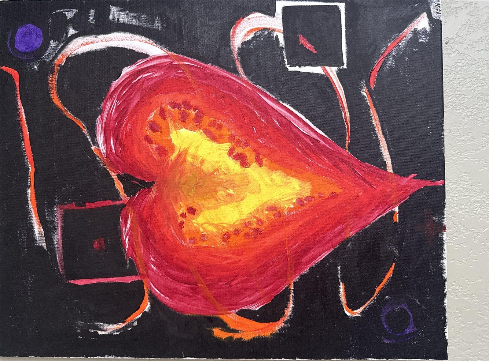 A luminous heart of red and molten yellow filling a black field, ribbons of white and orange moving around it, small geometric forms waiting at the edges.