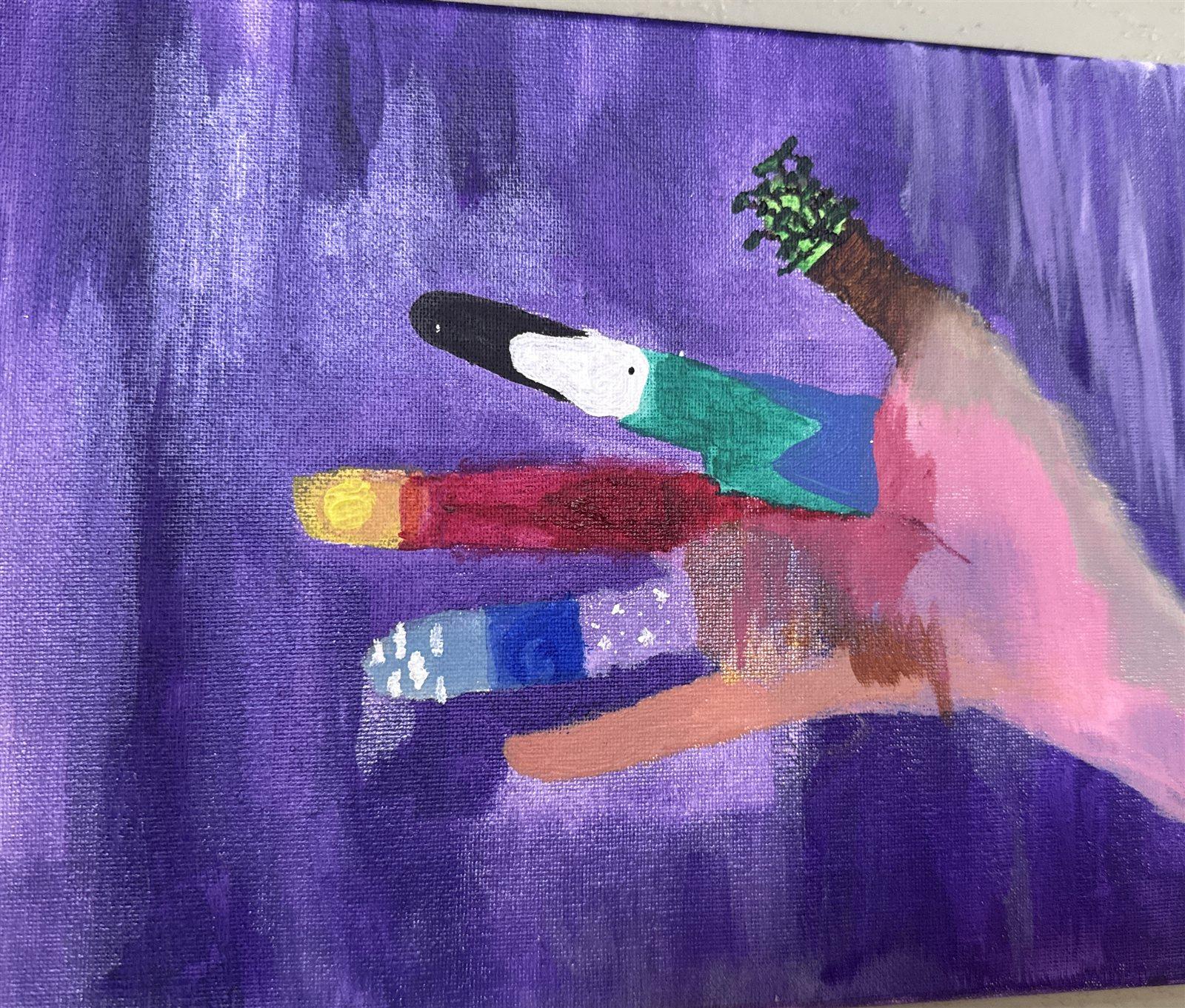 An open hand rising against washed violet, each finger painted into something else — a bird, a flame, a river, a tree growing from the fingertip.